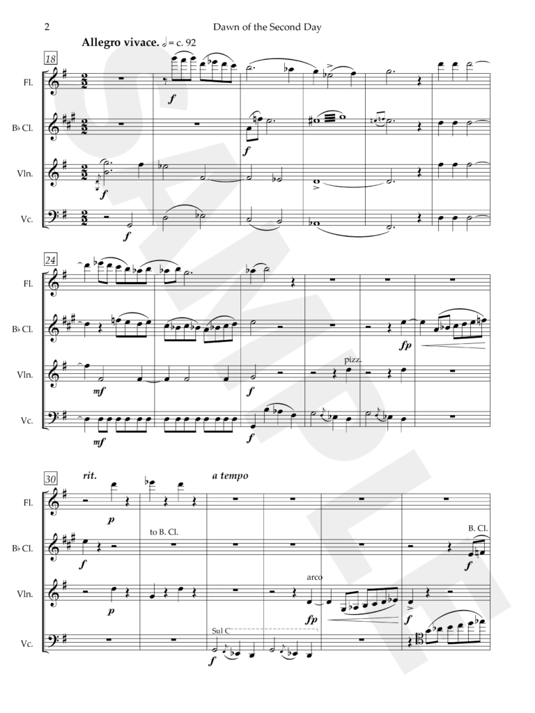 Page 2 of the music score of the piece, Dawn of the Second Day.